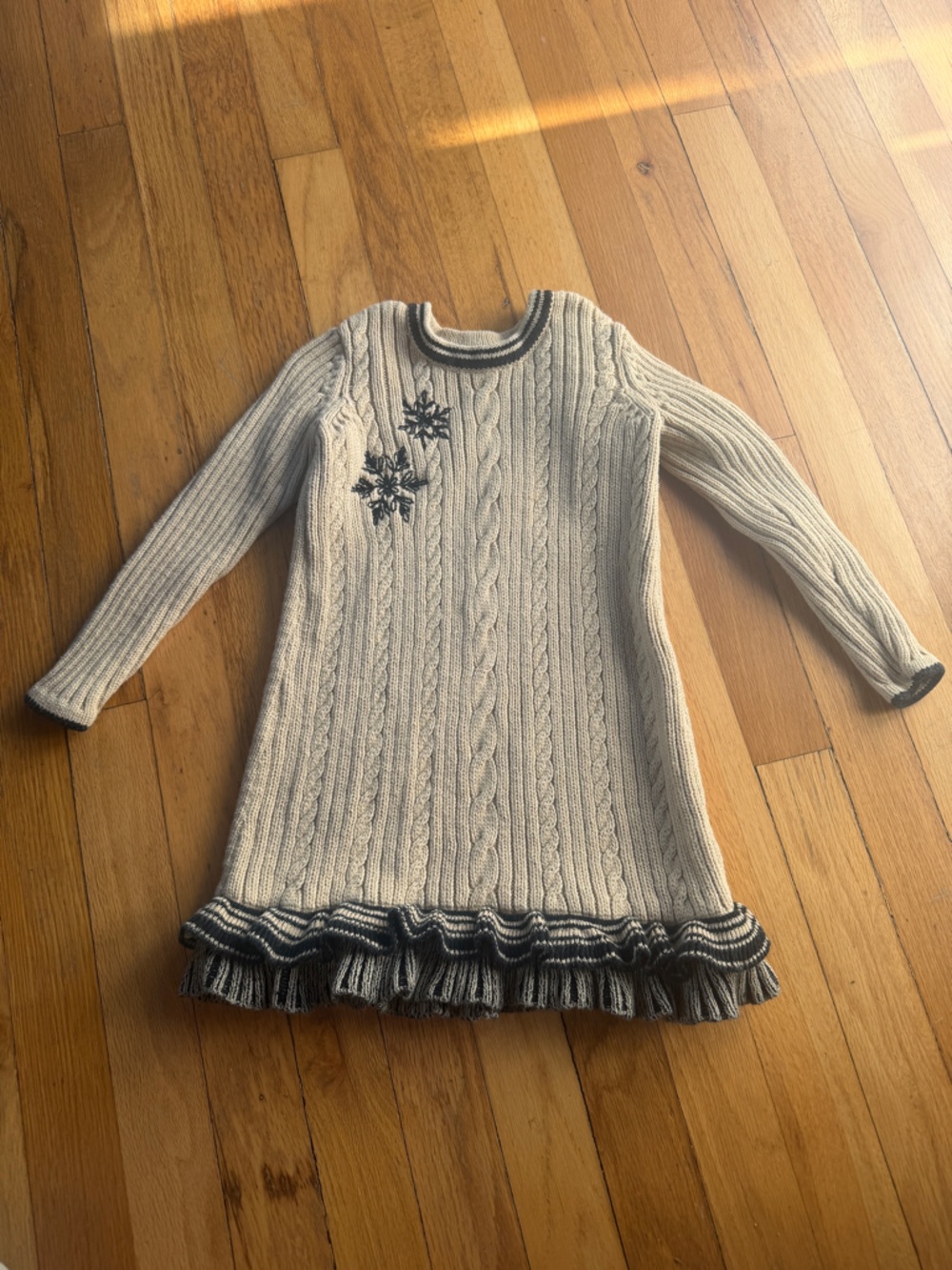Hanna Anderson tan and black snowflake knit dress